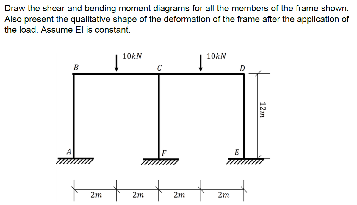 Draw the shear and bending moment diagrams for all the members of the frame shown.
Also present the qualitative shape of the deformation of the frame after the application of
the load. Assume El is constant.
10kN
10kN
В
D
A
F
E
2m
2m
2m
2m
12m
