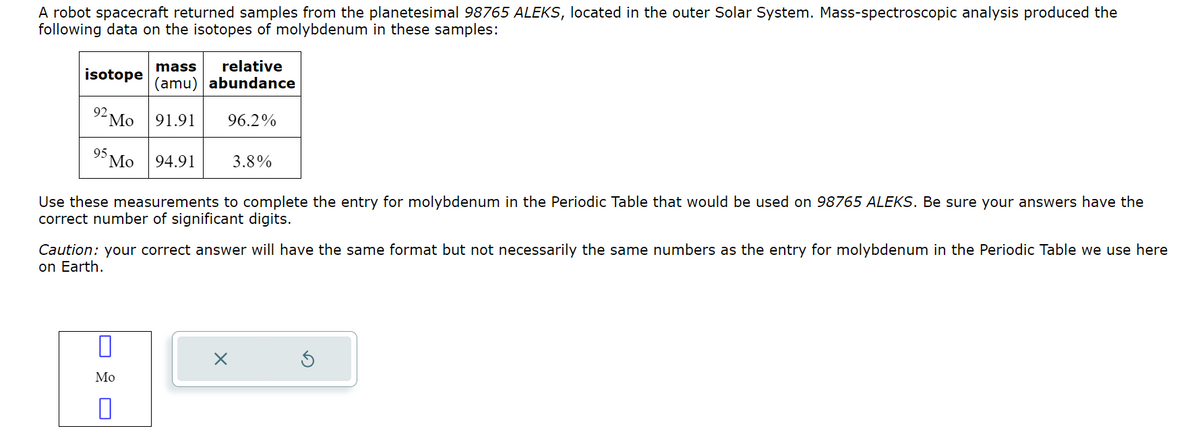 A robot spacecraft returned samples from the planetesimal 98765 ALEKS, located in the outer Solar System. Mass-spectroscopic analysis produced the
following data on the isotopes of molybdenum in these samples:
isotope
92 Mo 91.91 96.2%
95
mass relative
(amu) abundance
'Mo 94.91
Use these measurements to complete the entry for molybdenum in the Periodic Table that would be used on 98765 ALEKS. Be sure your answers have the
correct number of significant digits.
0
Mo
0
3.8%
Caution: your correct answer will have the same format but not necessarily the same numbers as the entry for molybdenum in the Periodic Table we use here
on Earth.
X