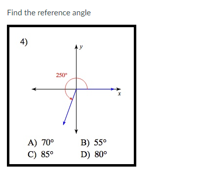 Find the reference angle
4)
A) 70°
C) 85°
250°
B) 55°
D) 80°
X