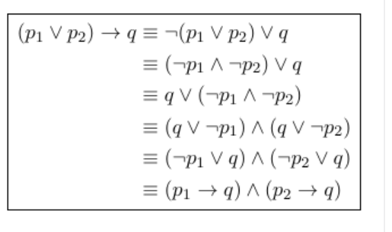 (P₁ V P2)→q ¬(P₁ V P2) V q
= (P₁ AP2) V q
= q V (P₁ AP2)
= (qVp₁) ^ (q V-p2)
= (P₁ Vq)^(-P2 Vq)
= (P₁ →q) ^ (P2 → q)