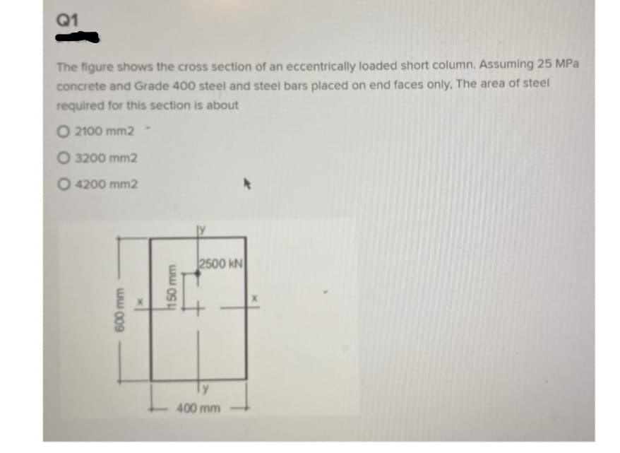 Q1
The figure shows the cross section of an eccentrically loaded short column. Assuming 25 MPa
concrete and Grade 400 steel and steel bars placed on end faces only, The area of steel
required for this section is about
O 2100 mm2
O 3200 mm2
O 4200 mm2
2500 kN
ly
400 mm
600 mm
h50 mm
