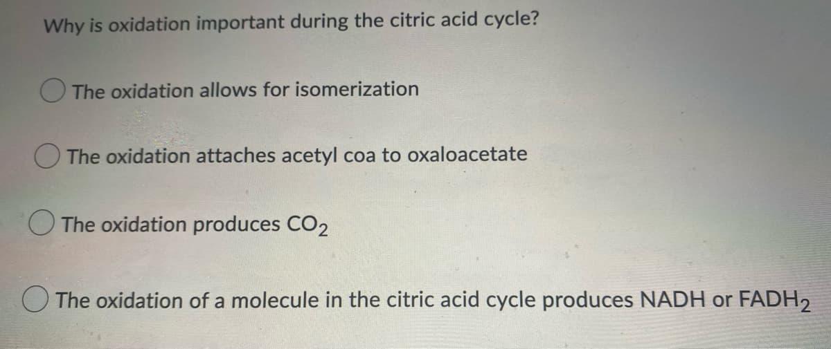 Why is oxidation important during the citric acid cycle?
O The oxidation allows for isomerization
The oxidation attaches acetyl coa to oxaloacetate
O The oxidation produces CO2
The oxidation of a molecule in the citric acid cycle produces NADH or FADH2
