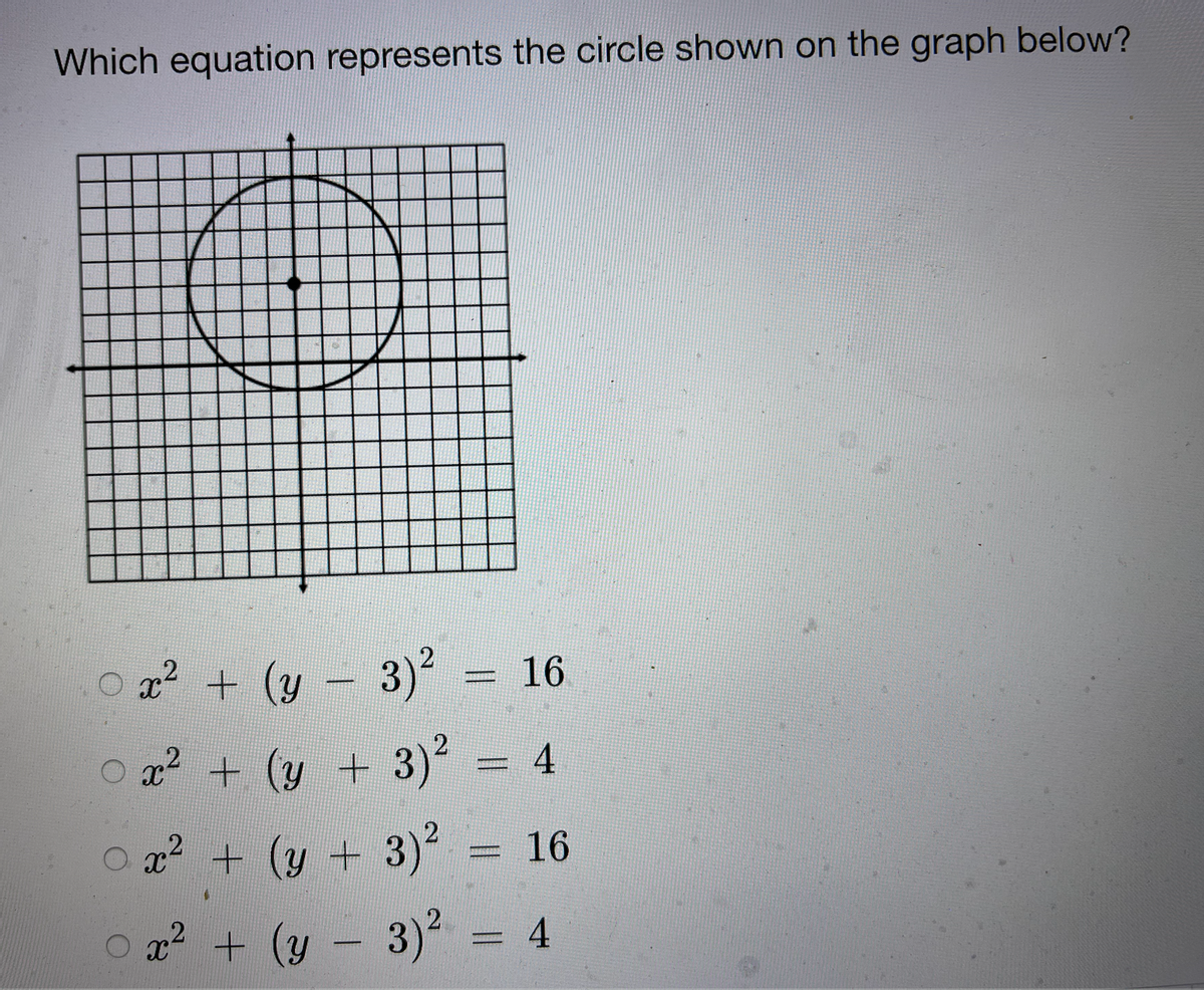 Which equation represents the circle shown on the graph below?
x² + (y – 3)2
16
%3D
x + (y + 3)
=D4
x2 + (y + 3)
16
x² + (y - 3) = 4
%3D
