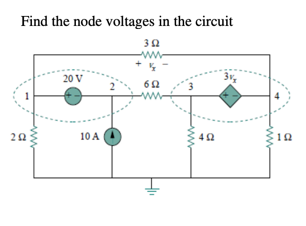 Find the node voltages in the circuit
ww
20 V
3V
10 A
12
ww
