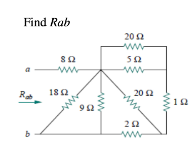 Find Rab
20 2
ww
8Ω
50
ww
Rab
18 Ω
20 Ω
1Ω
9Ω
2Ω
ww
ww
ww
