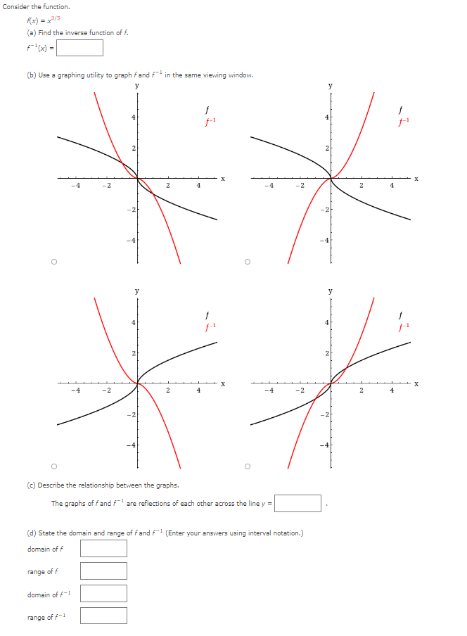 Consider the function.
Fx)
(a) Find the inverse function of f.
F(x) =
(b) Use a graphing utility to graph f and f in the same viewing window.
y
-2
-2
2
4
-2
-2
-4
y
y
-2
2
4
-2
-2
-2
-4
(c) Describe the relationship between the graphs.
The graphs of fand f are reflections of each other across the line y =
(d) State the domain and range of f and f (Enter your answers using interval notation.)
domain of f
range of f
domain of f-!
range of f-1
