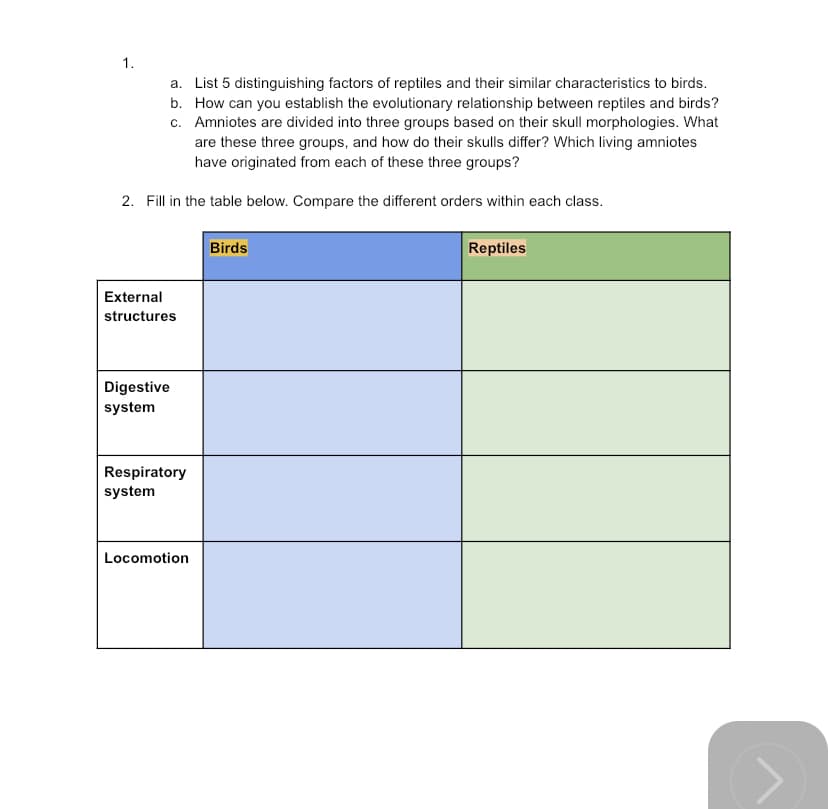 1.
a.
b.
List 5 distinguishing factors of reptiles and their similar characteristics to birds.
How can you establish the evolutionary relationship between reptiles and birds?
c. Amniotes are divided into three groups based on their skull morphologies. What
are these three groups, and how do their skulls differ? Which living amniotes
have originated from each of these three groups?
2. Fill in the table below. Compare the different orders within each class.
External
structures
Digestive
system
Respiratory
system
Locomotion
Birds
Reptiles
