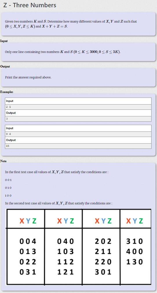 Z - Three Numbers
Given two numbers K and S. Determine how many different values of X, Y and Z such that
(0 < X, Y, Z < K) and X+Y + Z = S.
Input
Only one line containing two numbers K and S (0 <K< 3000,0 <S< 3K).
Output
Print the answer required above.
Examples
Input
2 1
Output
3
Input
9 4
Output
15
Note
In the first test case all values of X, Y, Z that satisfy the conditions are :
001
010
100
In the second test case all values of X, Y, Z that satisfy the conditions are :
XYZ
XYZ
XYZ
XYZ
004
040
202
310
013
10 3
211
400
022
112
220
130
031
121
301
