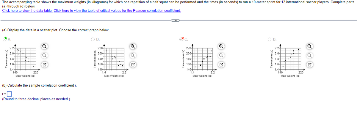 The accompanying table shows the maximum weights (in kilograms) for which one repetition of a half squat can be performed and the times (in seconds) to run a 10-meter sprint for 12 international soccer players. Complete parts
(a) through (d) below.
Click here to view the data table. Click here to view the table of critical values for the Pearson correlation coefficient.
(a) Display the data in a scatter plot. Choose the correct graph below.
A.
OB.
C.
OD.
2.2-
220-
220-
22-
2.0-
200-
200-
20-
1.8-
180-
180-
18
I 160-
-
1.6-
160-
1.6-
1.4+
140
Max Weight (kg)
140+
1.4
Max Weight (kg)
140
1.4
Max Weight (kg)
1.4+
140
Max Weight (kg)
220
2.2
2.2
220
(b) Calculate the sample correlation coefficient r.
r=D
(Round to three decimal places as needed.)
(spuo0os) ou
