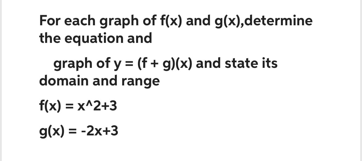 For each graph of f(x) and g(x),determine
the equation and
graph of y = (f + g)(x) and state its
domain and range
f(x) = x^2+3
g(x) = -2x+3