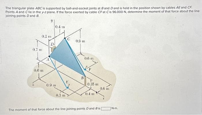 The triangular plate ABC is supported by ball-and-socket joints at B and D and is held in the position shown by cables AE and CF.
Points A and Clie in the y-z plane. If the force exerted by cable CF at C is 96.000 N, determine the moment of that force about the line
joining points D and B.
0.2 m
0.7 m
0,6 m
D
0.4 m
0.9 m
0.3 m
C
0.9 m
B
0.6 m
0.35 m
0.4 m
0.6 m
The moment of that force about the line joining points Dand Bis
N-m.