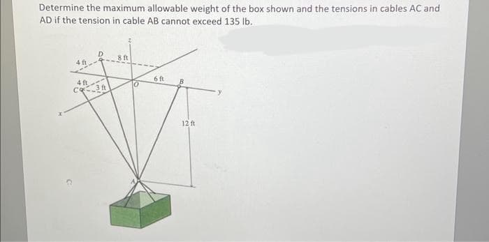 Determine the maximum allowable weight of the box shown and the tensions in cables AC and
AD if the tension in cable AB cannot exceed 135 lb.
4 ft
Co-3 ft
8 ft.
6 ft
B
12 ft