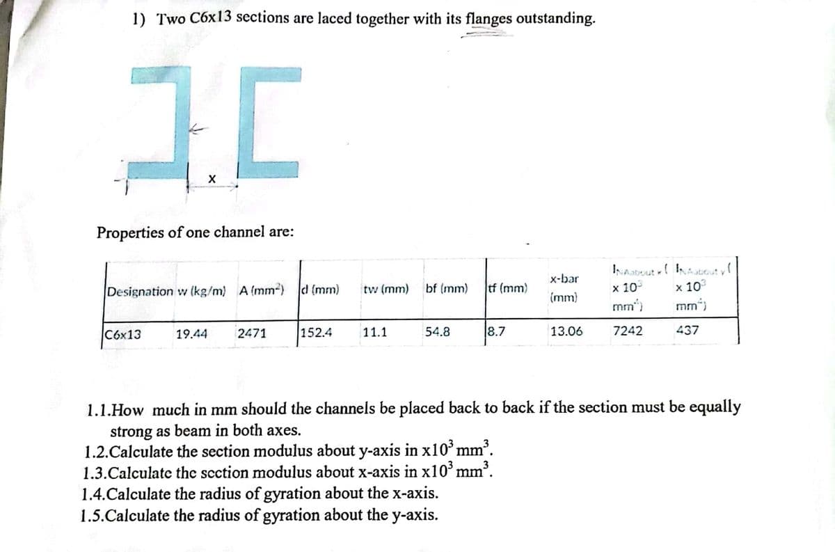 1) Two C6x13 sections are laced together with its flanges outstanding.
1.0
X
Properties of one channel are:
Designation w (kg/m) A (mm²) d (mm)
C6x13
19.44
2471
152.4
tw (mm)
11.1
bf (mm) tf (mm)
54.8
8.7
1.4.Calculate the radius of gyration about the x-axis.
1.5.Calculate the radius of gyration about the y-axis.
x-bar
(mm)
13.06
IN Aabout
x 103
mm)
7242
IN Abouty (
x 103
mm²)
437
1.1.How much in mm should the channels be placed back to back if the section must be equally
strong as beam in both axes.
1.2.Calculate the section modulus about y-axis in x10³ mm³.
1.3.Calculate the section modulus about x-axis in x10³ mm³.