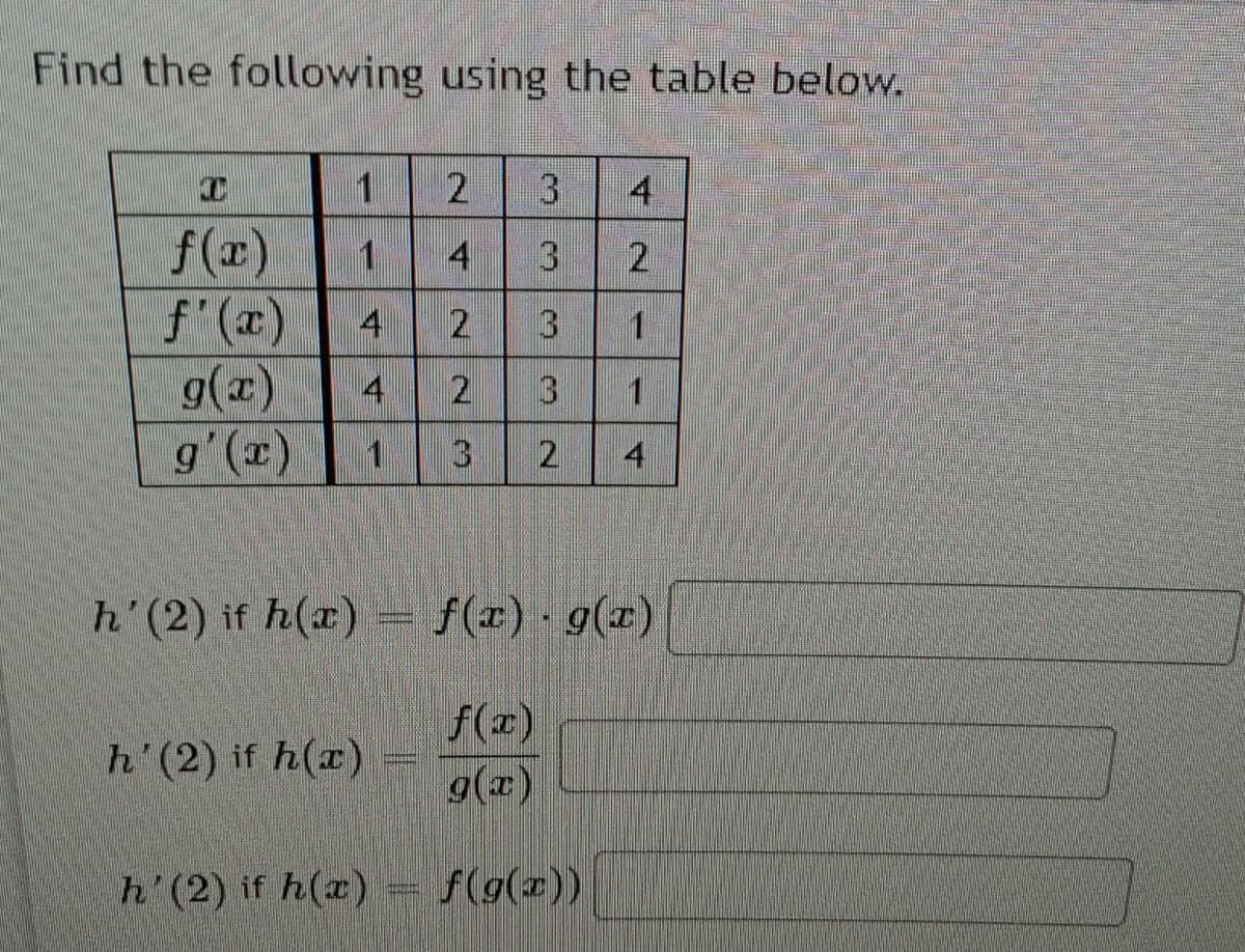 Find the following using the table below.
3
f(r)
f (x)
g(x)
4
4
4
1
4
(r),6
h'(2) if h(x)
f(r) g(z)
f(z)
g(x)
h'(2) if h(z)
h'(2) if h(x) =
f(g(x))
4.
