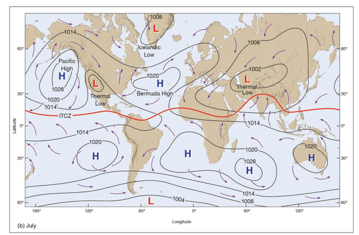 [jo68
1014.
1008
Icelandic
60
60
Low
Pacific
High
-1002
1020
H
1026
30
Bermuda High
30
Thermal
Low
1020
1014
ITCZ
1014.
0
1014
1020
1020
1020
H
H
H
30
30
1026
H
1014
-1004
60
1008
60
180
120
60
0°
60
120
Longitude
(b) July
apnyen
