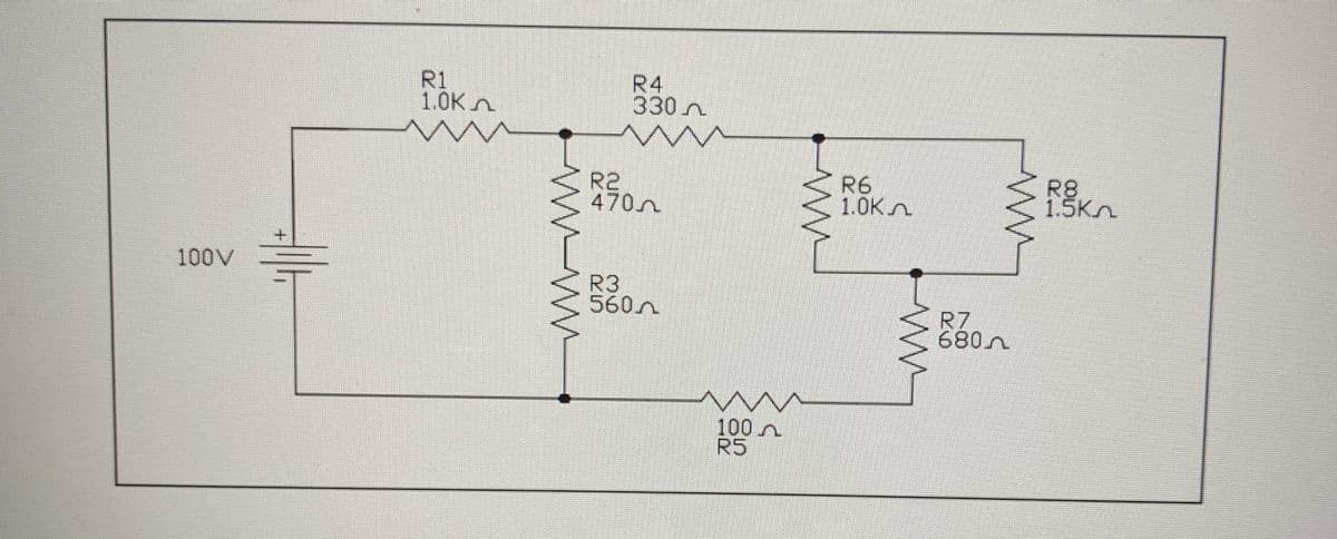 R1
1.0KA
R4
330n
R2
470n
R6
1.0Kn
R8
1.5Kn
+.
100V
R3
560n
R7
680n
100n
R5
