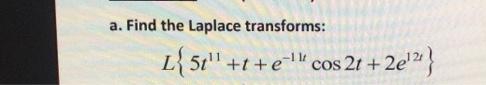 a. Find the Laplace transforms:
L{5t" +t+e cos 2t +2e}
