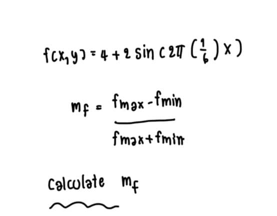 fcx, yɔ = 4 + 2 sin c 2r (¿ ) x )
mf . fmax-fmin
fmax+ fmim
Calculate mf
