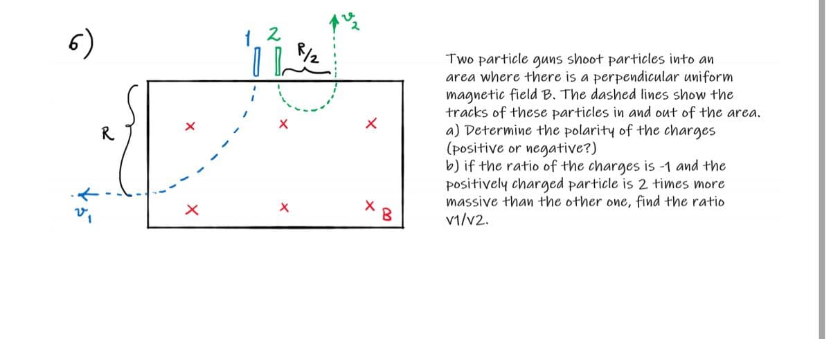 ### Example Problem 6: Motion of Charged Particles in a Magnetic Field

#### Problem Statement:
Two particle guns shoot particles into an area where there is a perpendicular uniform magnetic field \( B \). The dashed lines show the tracks of these particles in and out of the area.

a) Determine the polarity of the charges (positive or negative).  
b) If the ratio of the charges is -1 and the positively charged particle is 2 times more massive than the other one, find the ratio \( v_1/v_2 \).

---
#### Diagram Explanation:

The diagram provides a visual representation of the problem:

- The area where the particles move is enclosed by a rectangular boundary, and a uniform magnetic field \(\vec{B}\) is present (denoted by red crosses indicating the direction of the field perpendicular to the plane of the page, into the page).
- Two particle guns are labeled as 1 and 2:
  - The first particle gun projects a particle with initial velocity \( \vec{v}_1 \) to the left.
  - The second particle gun, placed at a distance of \( \frac{R}{2} \) from the first, projects a particle with initial velocity \( \vec{v}_2 \) upward.
- The paths of the particles are curved, as shown by dashed lines:
  - Particle 1 follows a semicircular path to the left, indicating a clockwise curvature.
  - Particle 2 follows a semicircular path downward, indicating a counterclockwise curvature.

---
#### Solutions:

a) **Determine the Polarity of the Charges:**
- According to the right-hand rule for the motion of charged particles in a magnetic field:
  - For a positive charge: the thumb points in the direction of velocity \(\vec{v}\), fingers point in the direction of \(\vec{B}\) (into the page), and the palm indicates the force direction (curvature of the path).
  - For a negative charge: the force direction is opposite to the palm's direction.
- For Particle 1, the path curves to the right (clockwise), suggesting that the force responsible for the curvature is directed towards the center of the circular path. Applying the right-hand rule implies that the particle is negatively charged.
- For Particle 2, the path curves downward (counterclockwise), suggesting that the force responsible is directed towards the center of the circular path. Applying the right-hand rule implies