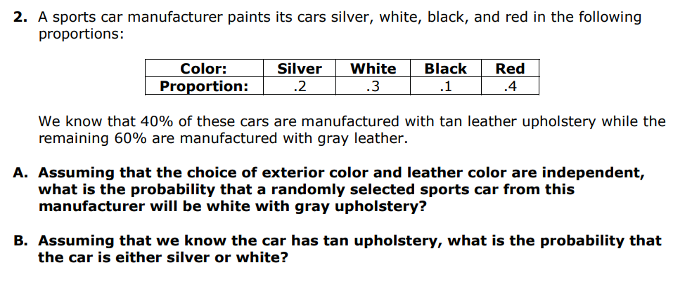 2. A sports car manufacturer paints its cars silver, white, black, and red in the following
proportions:
Color:
Proportion:
Silver White Black
.2
.3
.1
Red
.4
We know that 40% of these cars are manufactured with tan leather upholstery while the
remaining 60% are manufactured with gray leather.
A. Assuming that the choice of exterior color and leather color are independent,
what is the probability that a randomly selected sports car from this
manufacturer will be white with gray upholstery?
B. Assuming that we know the car has tan upholstery, what is the probability that
the car is either silver or white?