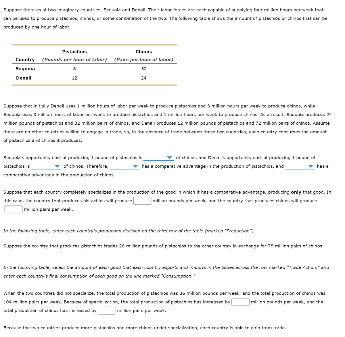 Suppose there exist two imaginary countries, Sequoia and Denali. Their labor forces are each capable of supplying four million hours per week that
can be used to produce pistachios, chinos, or some combination of the two. The following table shows the amount of pistachios or chinos that can be
produced by one hour of labor.
Pistachios
Chinos
Country (Pounds per hour of labor) (Pairs per hour of labor)
Sequoia
32
Denali
8
12
24
Suppose that initially Denali uses 1 million hours of labor per week to produce pistachios and 3 million hours per week to produce chinos, while
Sequoia uses 3 million hours of labor per week to produce pistachios and 1 million hours per week to produce chinos. As a result, Sequoia produces 24
million pounds of pistachios and 32 million pairs of chinos, and Denali produces 12 million pounds of pistachios and 72 million pairs of chinos. Assume
there are no other countries willing to engage in trade, so, in the absence of trade between these two countries, each country consumes the amount
of pistachios and chinos it produces.
Sequoia's opportunity cost of producing 1 pound of pistachios is
pistachios is
of chinos. Therefore,
comparative advantage in the production of chinos.
of chinos, and Denali's opportunity cost of producing 1 pound of
has a comparative advantage in the production of pistachios, and
Suppose that each country completely specializes in the production of the good in which it has a comparative advantage, producing only that good. In
this case, the country that produces pistachios will produce
million pounds per week, and the country that produces chinos will produce
million pairs per week.
In the following table, enter each country's production decision on the third row of the table (marked "Production").
has a
Suppose the country that produces pistachios trades 26 million pounds of pistachios to the other country in exchange for 78 million pairs of chinos.
In the following table, select the amount of each good that each country exports and imports in the boxes across the row marked "Trade Action," and
enter each country's final consumption of each good on the line marked "Consumption."
When the two countries did not specialize, the total production of pistachios was 36 million pounds per week, and the total production of chinos was
104 million pairs per week. Because of specialization, the total production of pistachios has increased by
million pounds per week, and the
total production of chinos has increased by
million pairs per week.
Because the two countries produce more pistachios and more chinos under specialization, each country is able to gain from trade.