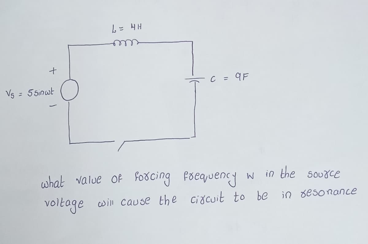 ム- 4H
Vs = 5 Sinwt
C = 9F
what value Of fodcing foequency w in the source
voltage win cause the ciocuit to be
in Besonance
