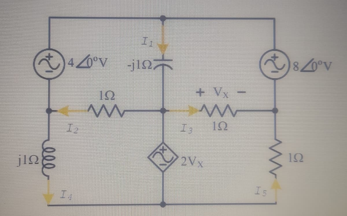 I1
80°v
40°V j1Q7
+ Vx
10
I3
2Vx
jlQ
Is
I4
ell
