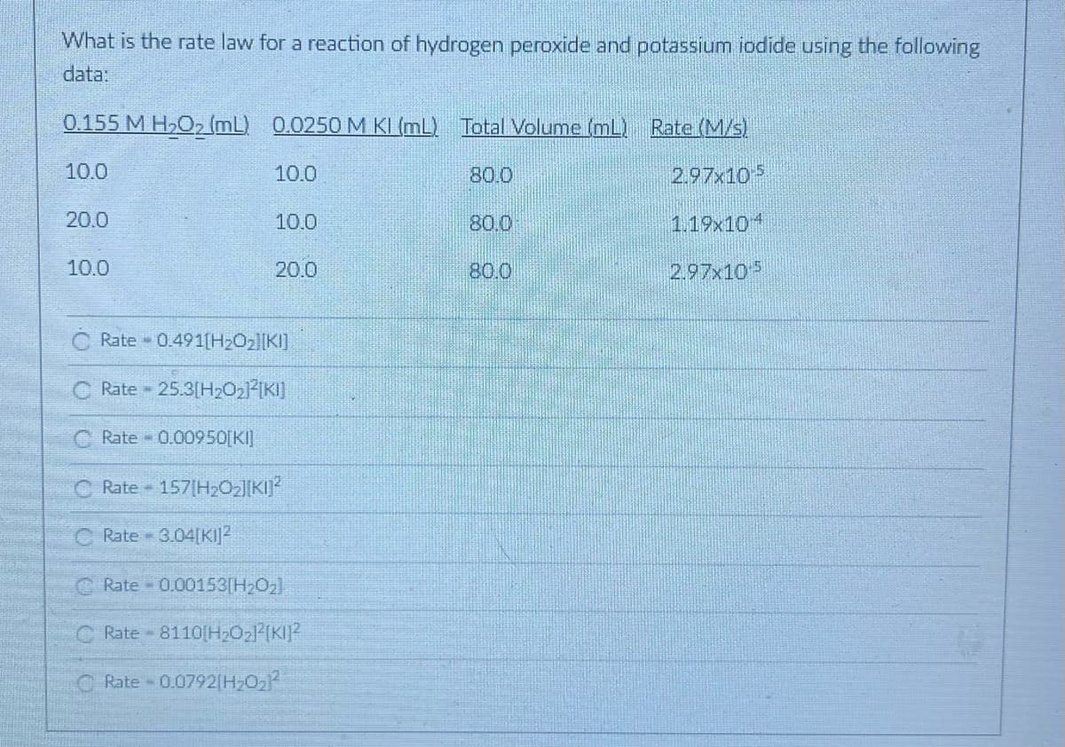 What is the rate law for a reaction of hydrogen peroxide and potassium iodide using the following
data:
0.155 M H,O, (mL) 0.0250 M KI (mL) Total Volume (mL) Rate (M/s)
10.0
10.0
80.0
2.97x105
20.0
10.0
80.0
1.19x104
10.0
20.0
80.0
2.97x105
Rate 0.491[H2O2][K]
C Rate 25.3(H2O2JIKI]
C Rate 0.00950[KI]
C Rate 157[H2O|KIj*
C Rate 3.04[KIJ?
C Rate 0.00153[H202]
C Rate 8110[H202P{KIP
C Rate 0.0792|H,O2
