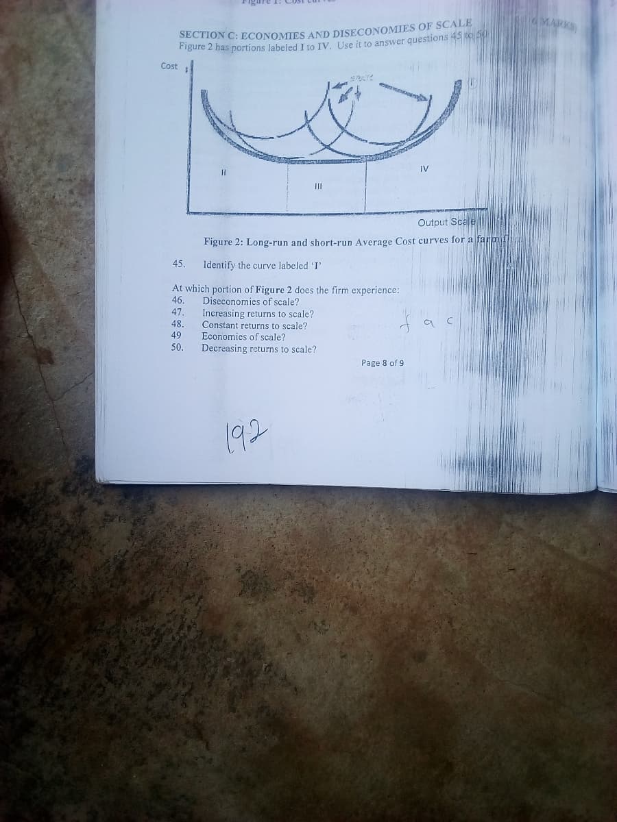 MARKS
Figure 2 has portions labeled I to IV. Use it to answer questions
Cost
II
Output Scale
Figure 2: Long-run and short-run Average Cost curves for a farm f
45.
Identify the curve labeled
At which portion of Figure 2 does the firm experience:
46.
Diseconomies of scale?
47.
Increasing returns to scale?
Constant returns to scale?
Economies of scale?
Decreasing returns to scale?
48.
49
50.
Page 8 of 9
192
