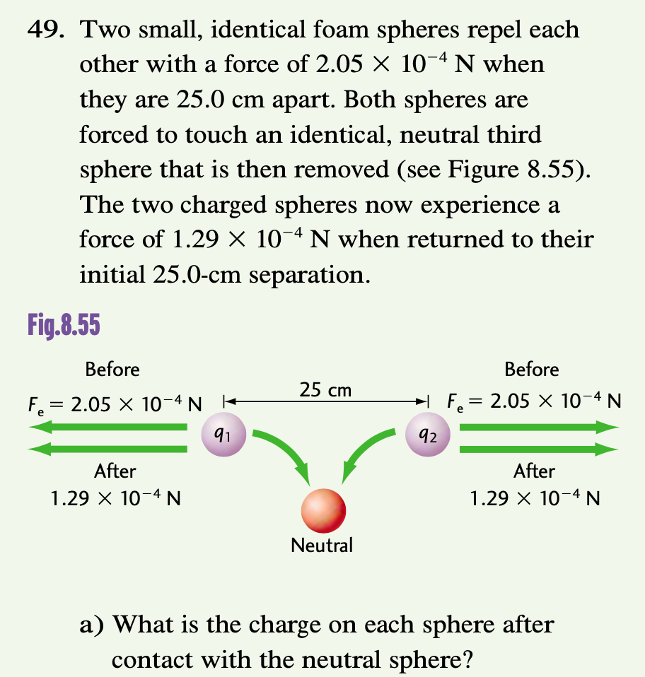 49. Two small, identical foam spheres repel each
other with a force of 2.05 × 10-4 N when
they are 25.0 cm apart. Both spheres are
forced to touch an identical, neutral third
sphere that is then removed (see Figure 8.55).
The two charged spheres now experience a
force of 1.29 × 10-4 N when returned to their
initial 25.0-cm separation.
Fig.8.55
Before
F = 2.05 × 10-4 N
=91
After
1.29 X 10-4 N
25 cm
Neutral
92
Before
F = 2.05 x 10-4 N
After
1.29 X 10-4 N
a) What is the charge on each sphere after
contact with the neutral sphere?