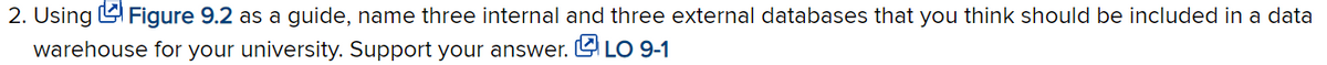 2. Using L Figure 9.2 as a guide, name three internal and three external databases that you think should be included in a data
warehouse for your university. Support your answer. L LO 9-1
