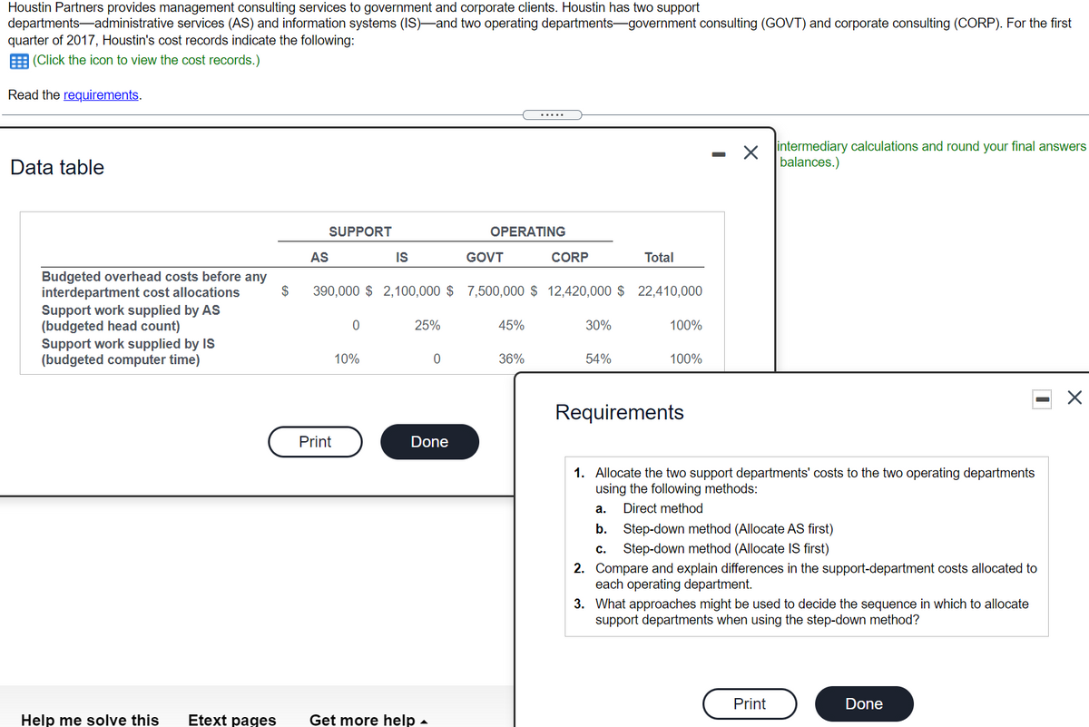 Houstin Partners provides management consulting services to government and corporate clients. Houstin has two support
departments-administrative services (AS) and information systems (IS)-and two operating departments-government consulting (GOVT) and corporate consulting (CORP). For the first
quarter of 2017, Houstin's cost records indicate the following:
E (Click the icon to view the cost records.)
Read the requirements.
.....
intermediary calculations and round your final answers
balances.)
Data table
SUPPORT
OPERATING
AS
IS
GOVT
CORP
Total
Budgeted overhead costs before any
interdepartment cost allocations
Support work supplied by AS
(budgeted head count)
Support work supplied by IS
(budgeted computer time)
$
390,000 $ 2,100,000 $ 7,500,000 $ 12,420,000 $ 22,410,000
25%
45%
30%
100%
10%
36%
54%
100%
Requirements
Print
Done
1. Allocate the two support departments' costs to the two operating departments
using the following methods:
а.
Direct method
b.
Step-down method (Allocate AS first)
c.
Step-down method (Allocate IS first)
2. Compare and explain differences in the support-department costs allocated to
each operating department.
3. What approaches might be used to decide the sequence in which to allocate
support departments when using the step-down method?
Print
Done
Help me solve this
Etext pages
Get more help -
