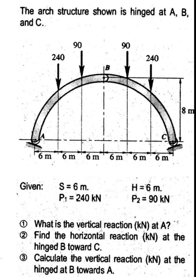 The arch structure shown is hinged at A, B,
and C..
90
90
240
240
8 m
6 m
6 m
6 m
6 m
6 m
6 m
S= 6 m.
P1 = 240 kN
H= 6 m.
P2 = 90 kN
Given:
O What is the vertical reaction (kN) at A?
Find the horizontal reaction (kN) at the
hinged B toward C.
® Calculate the vertical reaction (kN) at the
hinged at B towards A.
