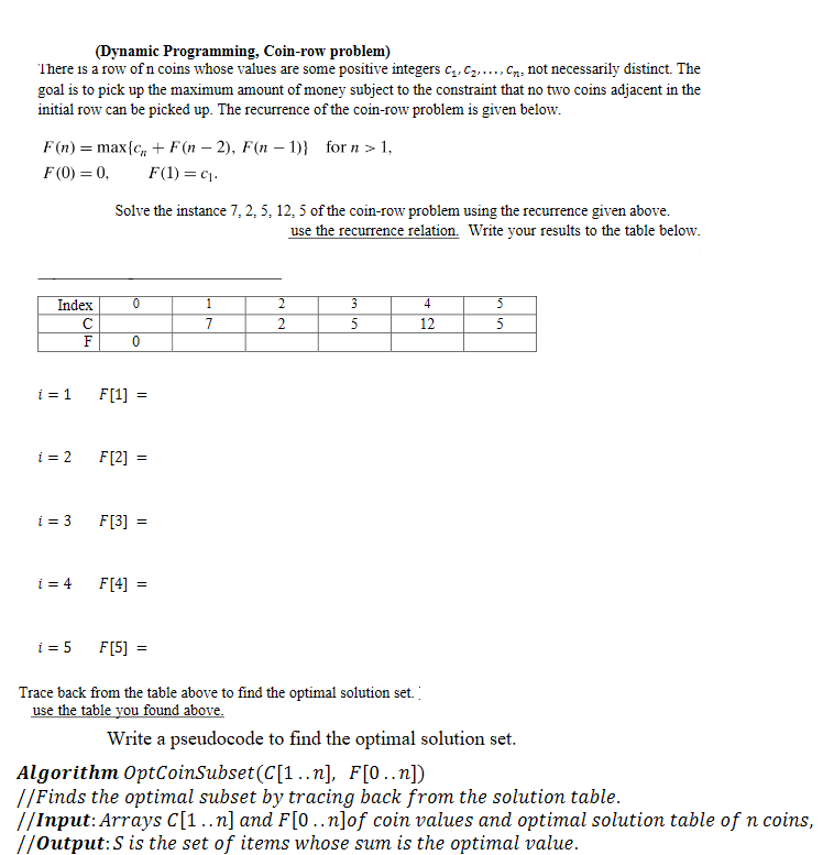 (Dynamic Programming, Coin-row problem)
There is a row of n coins whose values are some positive integers c,. c2,. Cn, not necessarily distinct. The
goal is to pick up the maximum amount of money subject to the constraint that no two coins adjacent in the
initial row can be picked up. The recurrence of the coin-row problem is given below.
F(n) = max{c, + F (n – 2), F(n – 1)} for n > 1,
F (0) = 0,
F(1) = c1.
Solve the instance 7, 2, 5, 12, 5 of the coin-row problem using the recurrence given above.
use the recurrence relation. Write your results to the table below.
Index
1
2
3
4
C
7
2
5
12
5
F
i = 1
F[1]
i = 2
F[2]
i = 3
F[3] =
i = 4
F[4] =
i = 5
F[5] =
Trace back from the table above to find the optimal solution set.
use the table you found above.
Write a pseudocode to find the optimal solution set.
Algorithm OptCoinSubset(C[1..n], F[0..n])
//Finds the optimal subset by tracing back from the solution table.
//Input: Arrays C[1 ..n] and F[0..n]of coin values and optimal solution table of n coins,
//Output:S is the set of items whose sum is the optimal value.
