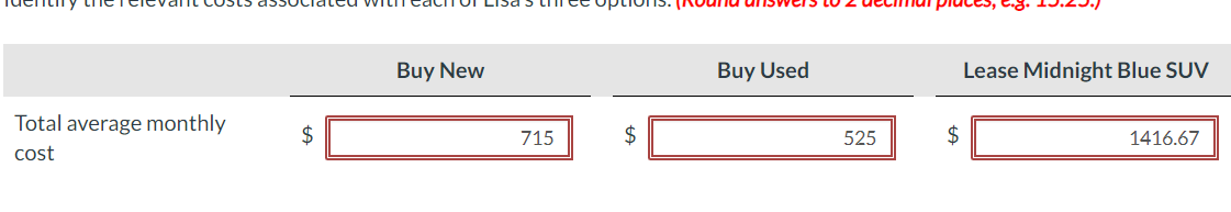 Total average monthly
cost
$
Buy New
715
$
Buy Used
525
$
c.8.
Lease Midnight Blue SUV
1416.67