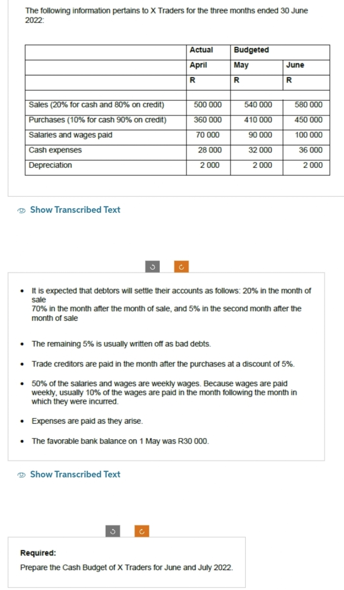 The following information pertains to X Traders for the three months ended 30 June
2022:
Sales (20% for cash and 80% on credit)
Purchases (10% for cash 90% on credit)
Salaries and wages paid
Cash expenses
Depreciation
Show Transcribed Text
3
Ć
Show Transcribed Text
Actual
April
R
500 000
360 000
70 000
28 000
2 000
Budgeted
May
R
540 000
410 000
90 000
32 000
2 000
Required:
Prepare the Cash Budget of X Traders for June and July 2022.
June
R
It is expected that debtors will settle their accounts as follows: 20% in the month of
sale
70% in the month after the month of sale, and 5% in the second month after the
month of sale
580 000
450 000
100 000
36 000
2000
• The remaining 5% is usually written off as bad debts.
• Trade creditors are paid in the month after the purchases at a discount of 5%.
• 50% of the salaries and wages are weekly wages. Because wages are paid
weekly, usually 10% of the wages are paid in the month following the month in
which they were incurred.
•
Expenses are paid as they arise.
• The favorable bank balance on 1 May was R30 000.