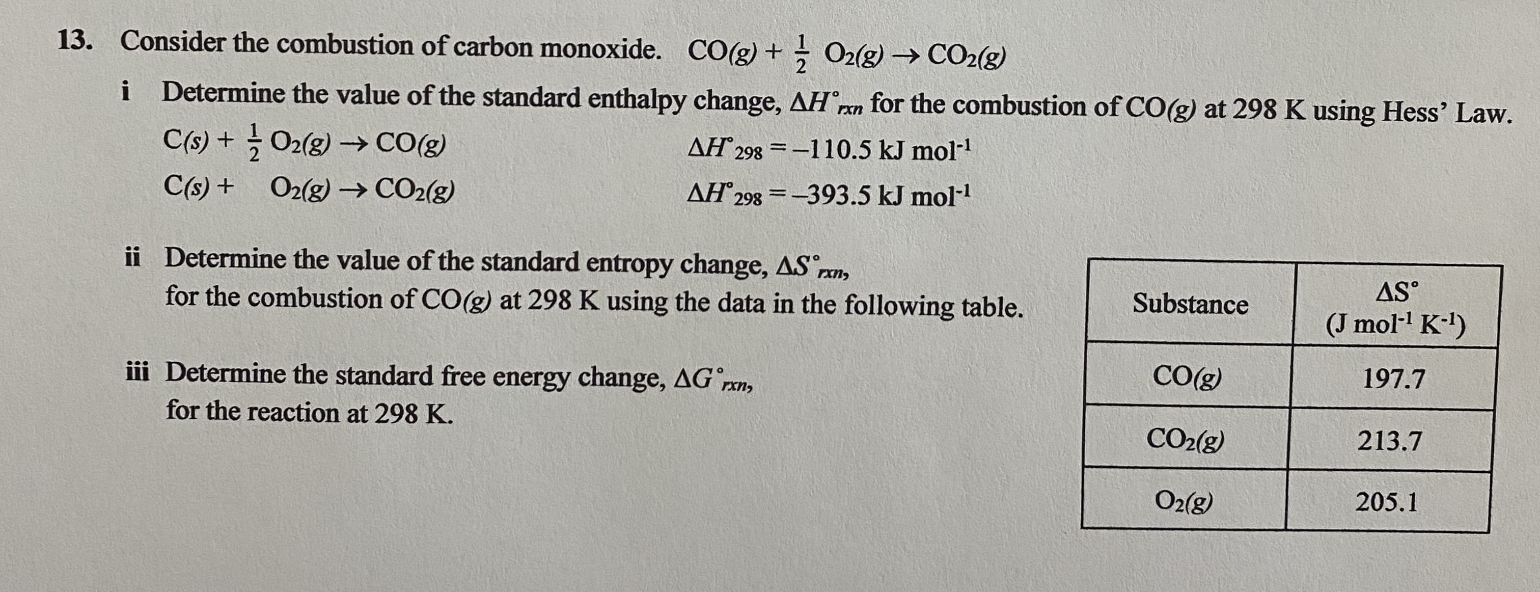 Consider the combustion of carbon monoxide. CO(g) +- O2(g) → CO2(g)
i
i Determine the value of the standard enthalpy change, AH°ren for the combustion of CO(g) at 298 K using Hess' Law.
C(s) + O2(g) –-→ CO(g)
AH 298 =-110.5 kJ mol-
C(s) + O2(g) –→ CO2(g)
AH°298 =-393.5 kJ mol-
ii Determine the value of the standard entropy change, AS rm,
for the combustion of CO(g) at 298 K using the data in the following table.
Substance
AS°
(J mol- K-l)
iii Determine the standard free energy change, AG rxn,
CO(g)
197.7
for the reaction at 298 K.
CO2(g)
213.7
O2(g)
205.1
