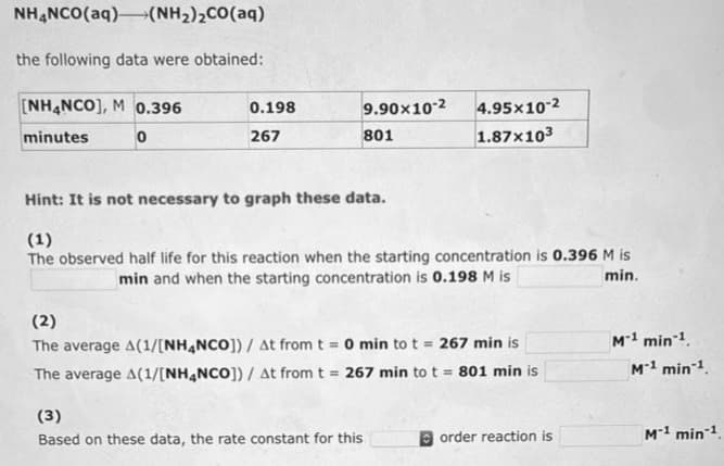 NH,NCO(aq) (NHz)zCO(aq)
the following data were obtained:
[NH4NCO], M 0.396
minutes
0
0.198
267
9.90x10-2
801
4.95x10-2
1.87x10³
Hint: It is not necessary to graph these data.
(1)
The observed half life for this reaction when the starting concentration is 0.396 M is
min and when the starting concentration is 0.198 M is
min.
(3)
Based on these data, the rate constant for this
(2)
The average A(1/[NH4NCO])/ At from t = 0 min to t = 267 min is
The average A(1/[NH4NCO])/ At from t = 267 min to t = 801 min is
order reaction is
M-¹ min ¹.
M-1 min ¹.
M-1 min-¹,