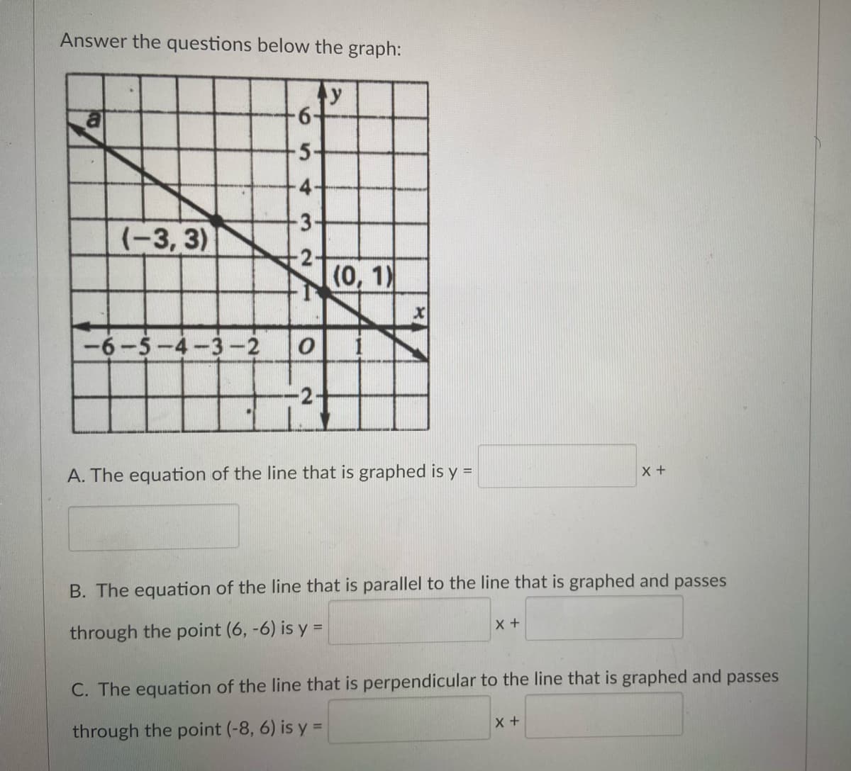 Answer the questions below the graph:
fy
6-
5-
4-
3-
(-3, 3)
-2-
(0, 1)
-6-5-4-3-2
-2.
A. The equation of the line that is graphed is y =
X +
B. The equation of the line that is parallel to the line that is graphed and passes
x +
through the point (6, -6) is y =
C. The equation of the line that is perpendicular to the line that is graphed and passes
through the point (-8, 6) is y =
