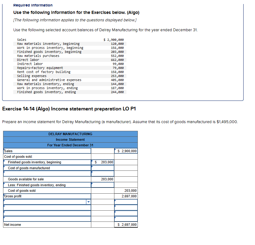 Required information
Use the following Information for the Exercises below. (Algo)
[The following Information applies to the questions displayed below.]
Use the following selected account balances of Delray Manufacturing for the year ended December 31.
$ 2,900,000
120,000
156,000
203,000
552,000
662,000
99,000
79,000
158,000
253,000
405,000
144,000
187,000
244,000
Sales
Raw materials inventory, beginning
Work in process inventory, beginning
Finished goods inventory, beginning
Raw materials purchases
Direct labor
Indirect labor
Repairs-Factory equipment
Rent cost of factory building
Selling expenses
General and administrative expenses
Raw materials inventory, ending
Work in process inventory, ending
Finished goods inventory, ending
Exercise 14-14 (Algo) Income statement preparation LO P1
Prepare an income statement for Delray Manufacturing (a manufacturer). Assume that its cost of goods manufactured Is $1,495,000.
Sales
Cost of goods sold:
Finished goods inventory, beginning
Cost of goods manufactured
DELRAY MANUFACTURING
Income Statement
For Year Ended December 31
Goods available for sale
Less: Finished goods inventory, ending
Cost of goods sold
Gross profit
Net income
$ 203,000
203,000
$ 2,900,000
203,000
2,697,000
$ 2,697,000