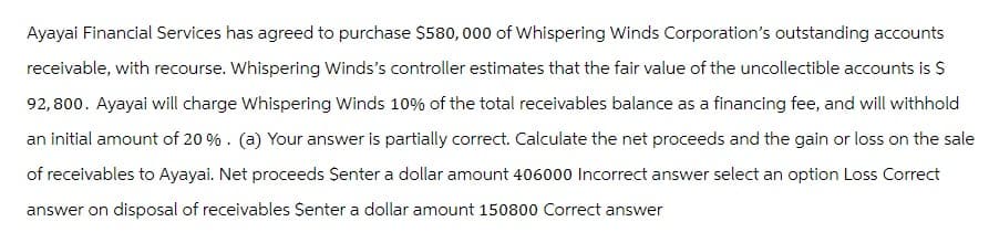 Ayayai Financial Services has agreed to purchase $580, 000 of Whispering Winds Corporation's outstanding accounts
receivable, with recourse. Whispering Winds's controller estimates that the fair value of the uncollectible accounts is $
92,800. Ayayai will charge Whispering Winds 10% of the total receivables balance as a financing fee, and will withhold
an initial amount of 20 %. (a) Your answer is partially correct. Calculate the net proceeds and the gain or loss on the sale
of receivables to Ayayai. Net proceeds Senter a dollar amount 406000 Incorrect answer select an option Loss Correct
answer on disposal of receivables Senter a dollar amount 150800 Correct answer