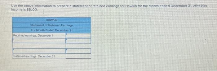 Use the above information to prepare a statement of retained earnings for Hawkin for the month ended December 31. Hint Net
income is $5,100.
HAWKIN
Statement of Retained Earnings
For Month Ended December 31
Retained earnings. December 1
Retained earnings, December 31