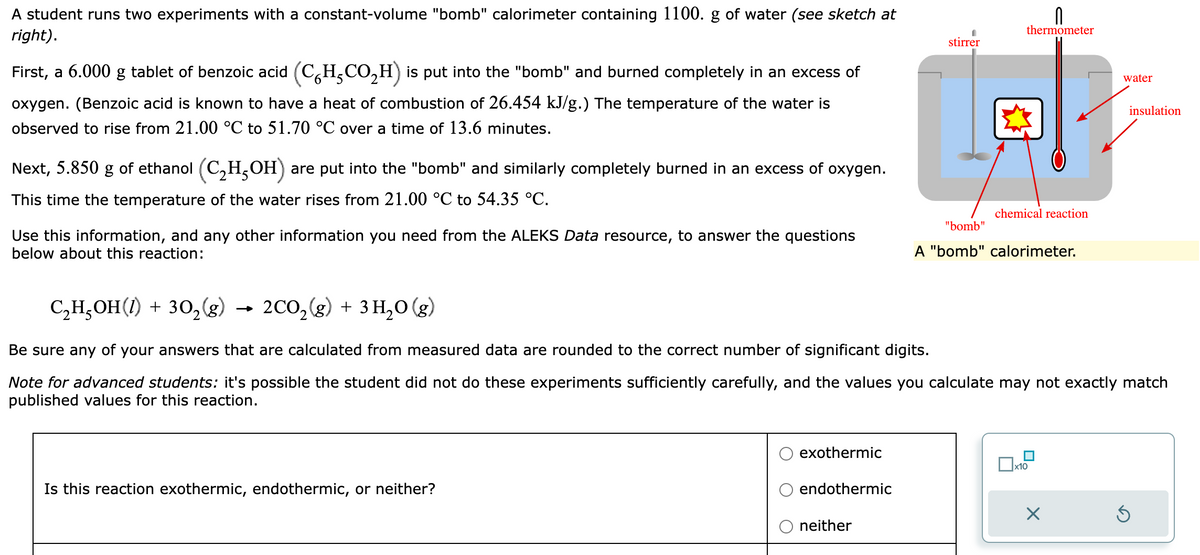 A student runs two experiments with a constant-volume "bomb" calorimeter containing 1100. g of water (see sketch at
right).
First, a 6.000 g tablet of benzoic acid (CH₂CO₂H) is put into the "bomb" and burned completely in an excess of
5
oxygen. (Benzoic acid is known to have a heat of combustion of 26.454 kJ/g.) The temperature of the water is
observed to rise from 21.00 °C to 51.70 °C over a time of 13.6 minutes.
Next, 5.850 g of ethanol (C₂H5OH) are put into the "bomb" and similarly completely burned in an excess of oxygen.
This time the temperature of the water rises from 21.00 °C to 54.35 °C.
Use this information, and any other information you need from the ALEKS Data resource, to answer the questions
below about this reaction:
C₂H₂OH(1) + 30₂ (g) 2CO₂(g) + 3 H₂O(g)
2
Is this reaction exothermic, endothermic, or neither?
exothermic
endothermic
stirrer
neither
thermometer
chemical reaction
Be sure any of your answers that are calculated from measured data are rounded to the correct number of significant digits.
Note for advanced students: it's possible the student did not do these experiments sufficiently carefully, and the values you calculate may not exactly match
published values for this reaction.
"bomb"
A "bomb" calorimeter.
x10
water
X
insulation
Ś