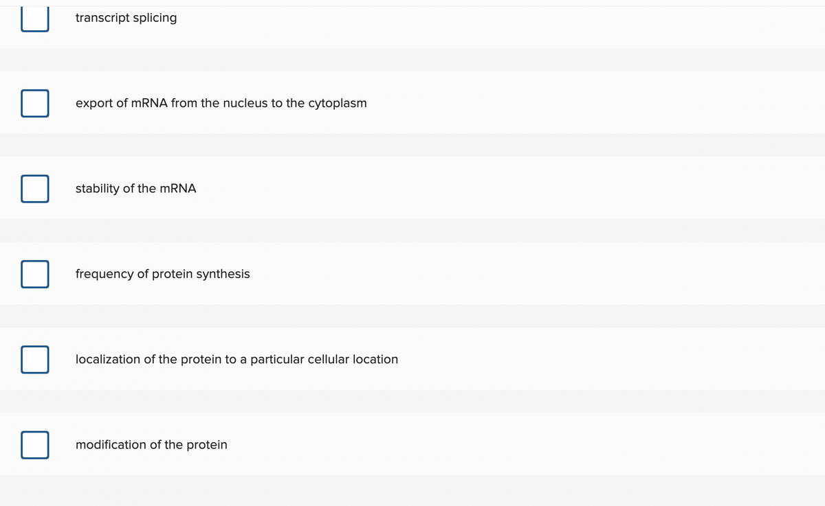 transcript splicing
export of mRNA from the nucleus to the cytoplasm
stability of the MRNA
frequency of protein synthesis
localization of the protein to a particular cellular location
modification of the protein
