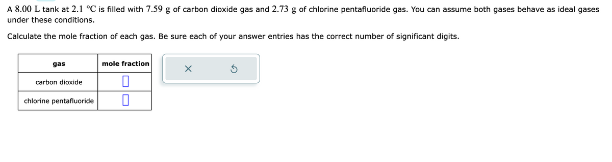 A 8.00 L tank at 2.1 °C is filled with 7.59 g of carbon dioxide gas and 2.73 g of chlorine pentafluoride gas. You can assume both gases behave as ideal gases
under these conditions.
Calculate the mole fraction of each gas. Be sure each of your answer entries has the correct number of significant digits.
gas
carbon dioxide
chlorine pentafluoride
mole fraction
1
X
Ś