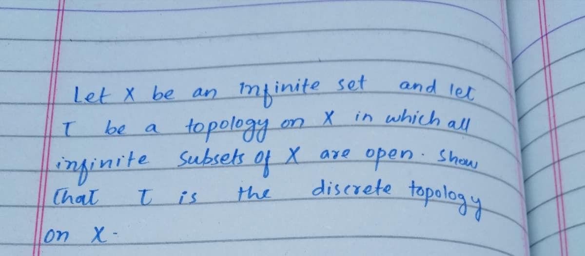 and let
Let X be an mpinite set
topolegy
of X
X in which all
be a
on
inginite Subset
(hat
X are
open.
discrete topology
Show
tis
the
on X-
