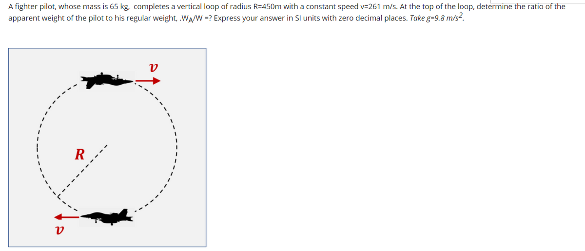 A fighter pilot, whose mass is 65 kg, completes a vertical loop of radius R=450m with a constant speed v=261 m/s. At the top of the loop, determine the ratio of the
apparent weight of the pilot to his regular weight, .WA/W =? Express your answer in SI units with zero decimal places. Take g=9.8 m/s².
R
