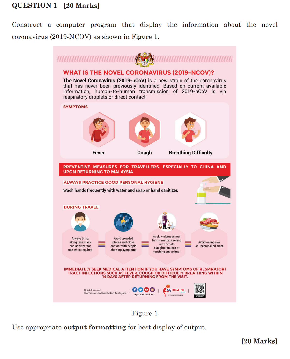 QUESTION 1 [20 Marks]
Construct a computer program that display the information
about the novel
coronavirus (2019-NCOV) as shown in Figure 1.
WHAT IS THE NOVEL CORONAVIRUS (2019-NCOV)?
The Novel Coronavirus (2019-nCoV) is a new strain of the coronavirus
that has never been previously identified. Based on current available
information, human-to-human transmission of 2019-nCoV is via
respiratory droplets or direct contact.
SYMPTOMS
Fever
Cough
Breathing Difficulty
PREVENTIVE MEASURES FOR TRAVELLERS, ESPECIALLY TO CHINA AND
UPON RETURNING TO MALAYSIA
ALWAYS PRACTICE GOOD PERSONAL HYGIENE
Wash hands frequently with water and soap or hand sanitizer.
DURING TRAVEL
Always bring
along face mask
and sanitizer for
use when required
Avoid visiting animal
farms, markets selling
live animals,
slaughterhouses or
touching any animal
Avoid crowded
places and close
contact with people
showing symptoms
Avoid eating raw
or undercooked meat
IMMEDIATELY SEEK MEDICAL ATTENTION IF YOU HAVE SYMPTOMS OF RESPIRATORY
TRACT INFECTIONS SUCH AS FEVER, COUGH OR DIFFICULTY BREATHING WITHIN
14 DAYS AFTER RETURNING FROM THE VISIT.
MYHEALTH |
Diterbitkan oleh:
Kementerian Kesihatan Malaysia
myhealthkkm
www.myhealth.gev.my
SCAN ME
Figure 1
Use appropriate output formatting for best display of output.
[20 Marks]
