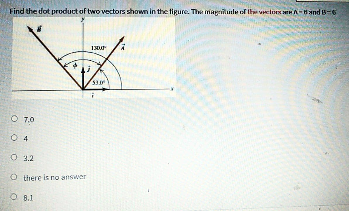 Find the dot product of two vectors shown in the figure. The magnitude of the vectors are A=6 andB=6
130.0°
53.0
O 7.0
O 4
O 3.2
O there is no answer
O 8.1
