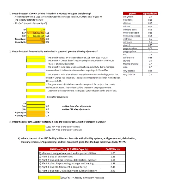 1) What's the cost of a 700 KTA chlorine facility built in Mumbai, India given the following?
- A chlorine plant with a 1025 KTA capacity was built in Orange, Texas in 2019 for a total of $985 M
-The capacity factors to the right
-$B = $A* ((capacity B/ capacity A)*)
chlorine
0.45
SA=$
$8-$
985,000,000 $Us
829,668,514 $US
Capacity A=
Capacity B=
1025 KTA
700 KTA
2) What's the cost of the same facility as described in question 1 given the following adjustments?
The project expects an escalation factor of 2.35 from 2019 to 2028
-The project in Orange doesn't require piling like the project in Mumbai, so
there is a $28MM deduction
The project in India has a lower construction productivity due to monsoon
season and restricted construction windows requiring a 1.20 modifier
-The project in India is based upon a modular execution methodolgy, while the
project in Orange was stick-built. The expected modifier in execution methodology
difference is 0.80.
-The government of India has created a new permit for projects that create
byproducts of plastic. This will add 23% to the cost of the project in India.
-Labor cost is cheaper in India, leading to a 20% deduction to the project cost.
-Price after adjustments
e=
$A=
$US
$8
SUS
Capacity A
Capacity B
KTA
KTA
<--New Price after adjustments
<--New CFE after adjustments
product
capacity factors
acolynitrile
butadiene
0.6
0.68
0.45
ethanol
0.73
ethylene oxide
0.78
hydrochloric acid
0.68
hydrogen peroxide
0.75
methanol
0.6
nitric acid
0.6
phenol
0.75
polymerization
0.58
polypropylene
0.7
PVC
0.6
sulfuric acid
0.65
styrene
0.6
thermal cracking
0.7
urea
0.7
vinyl acetate
0.65
vinyl chloride
0.8
3) What's the dollar per KTA cost of the facility in India and the dollar per KTA cost of the facility in Orange?
$USD/KTA Price of the facility in India
$USD/ KTA Price of the facility in Orange
4) What's the cost of an LNG facility in Western Australia with all utility systems, acid gas removal, dehydration,
mercury removal, LPG processing, and CO2 treatment given that the base facility was $680/MTPA?
LNG Plant Type (4.5 MTPA Capacity)
CAPEX Factor
1) Minimum feedgas treatment and imported utilities
2) Plant 1 plus all utility systems
1.00
1.25
3) Plant 2 plus acid gas removal, dehydration, mercury
1.64
4) Plant 3 plus LPG processing, storage, and loading
1.99
5) Plant 4 plus CO₂ treatment & sequestering
2.44
2.93
6) Plant 5 plus max LPG recovery and sulphur recovery
SUSD/MTPA facility in Western Australia